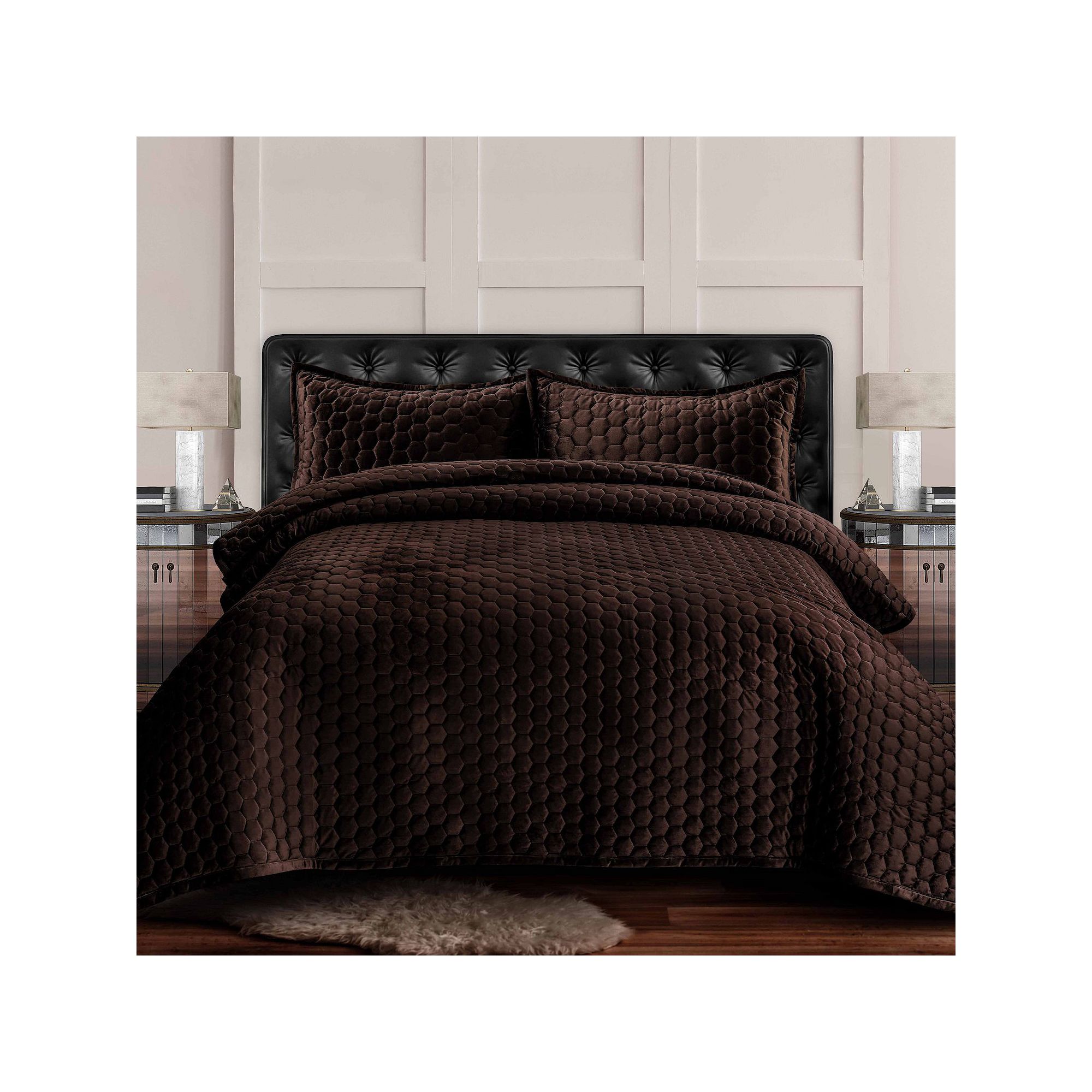 Tribeca Living Lugano Honeycomb Velvet Oversized Quilt Set, Brown