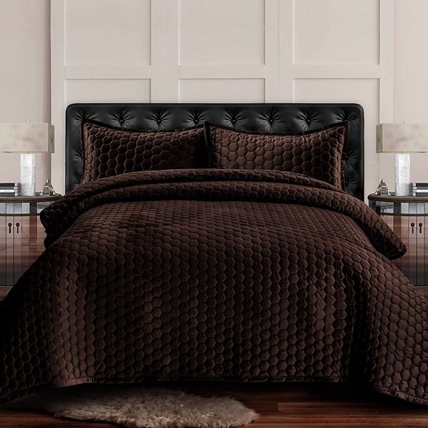 3pc Queen Lugano Honeycomb Velvet Oversized Solid Quilt Set Chocolate - Tribeca Living