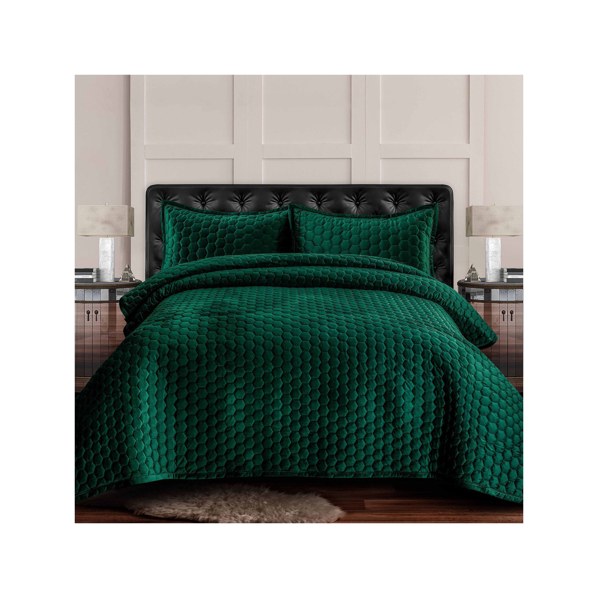 Tribeca Living Lugano Honeycomb Velvet Oversized Quilt Set, Green Green