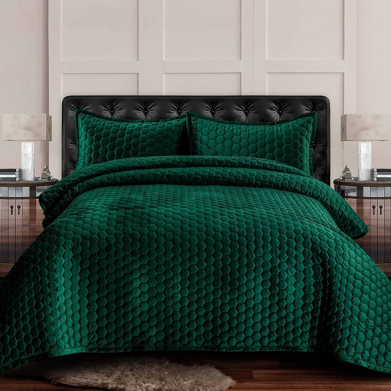 Tribeca Living Lugano Honeycomb Velvet Oversized Quilt Set, Green, King