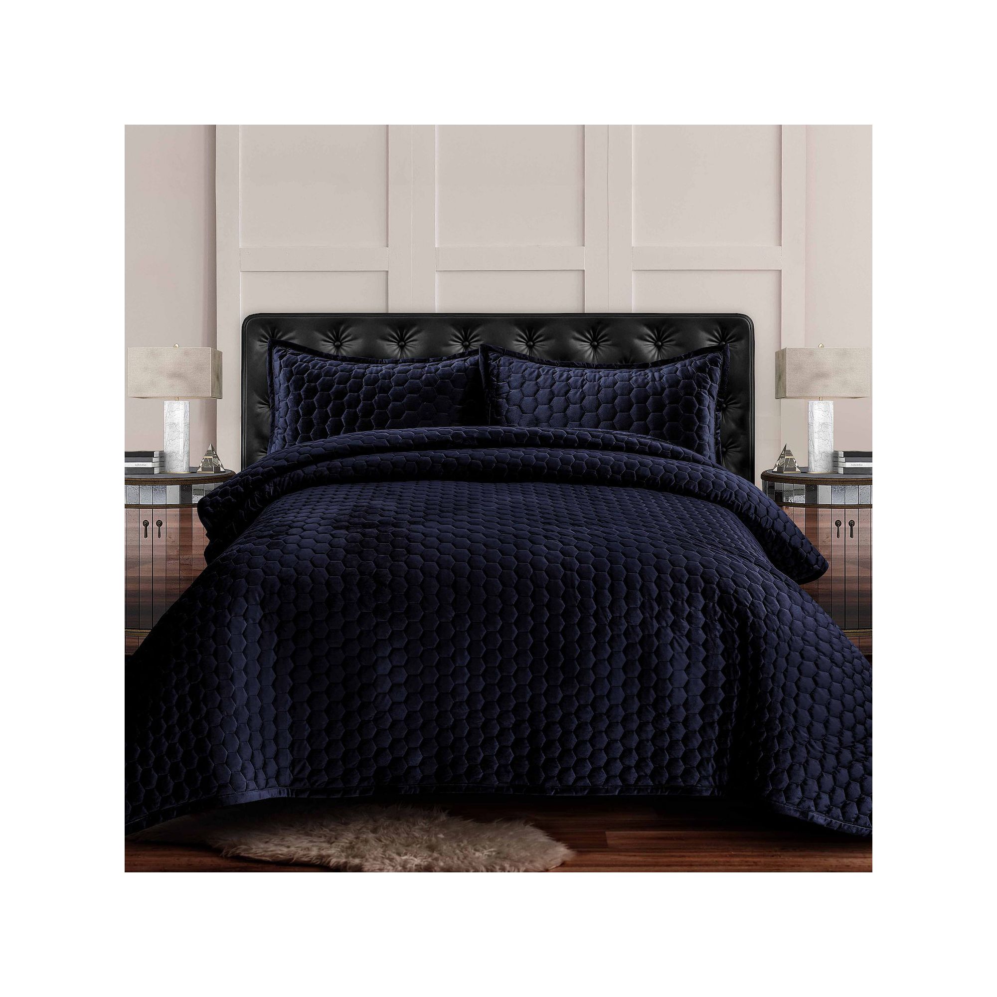 Tribeca Living Lugano Honeycomb Velvet Oversized Quilt Set, Navy Blue