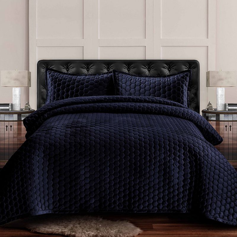 Tribeca Living Lugano Honeycomb Velvet Oversized Quilt Set, Blue, King