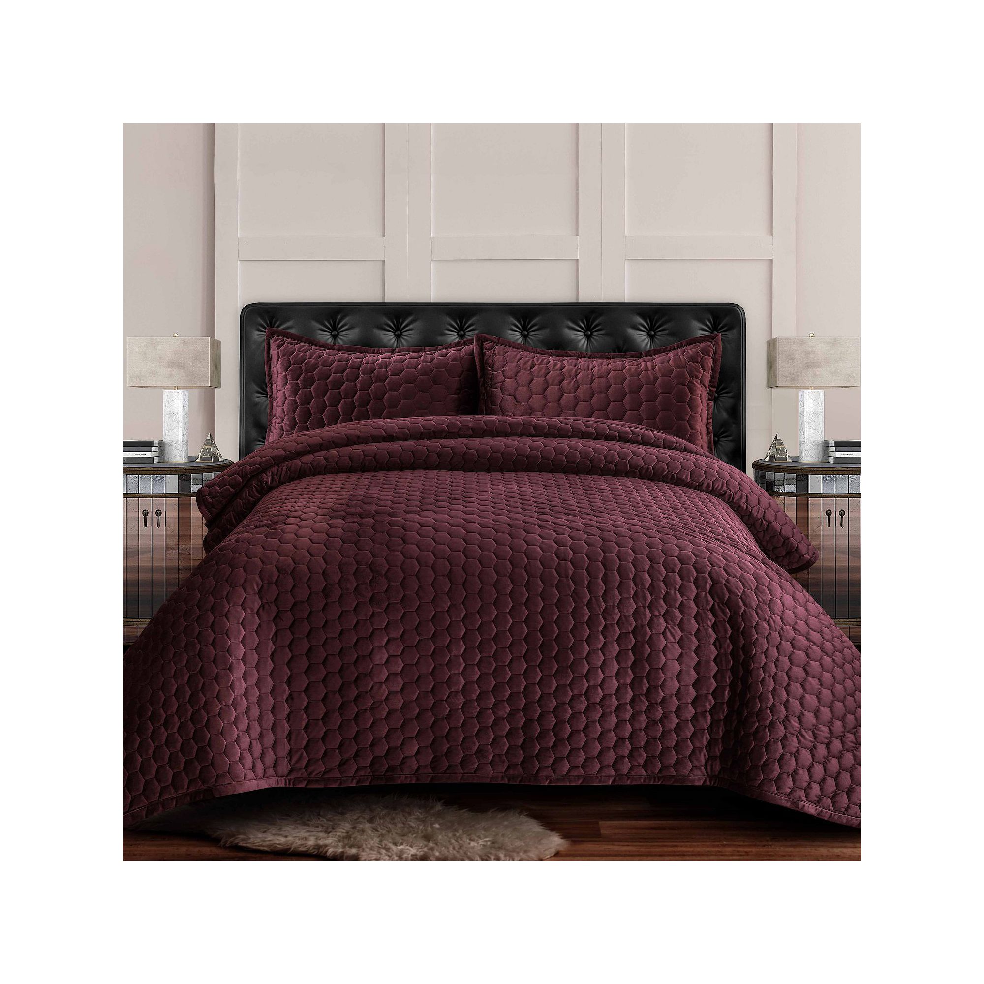 Tribeca Living Lugano Honeycomb Velvet Oversized Quilt Set, Purple