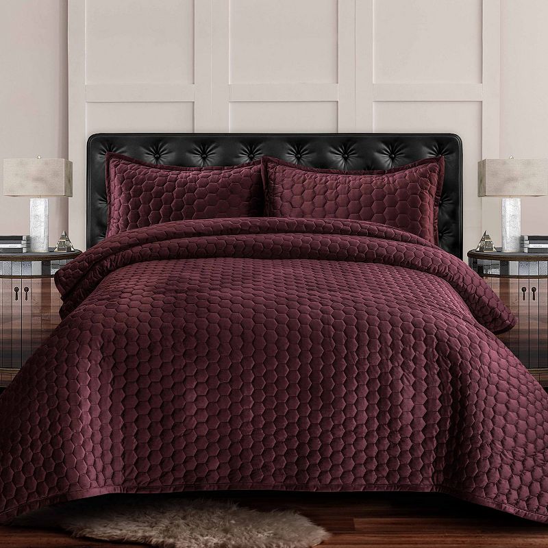 Tribeca Living Lugano Honeycomb Velvet Oversized Quilt Set, Purple, Queen