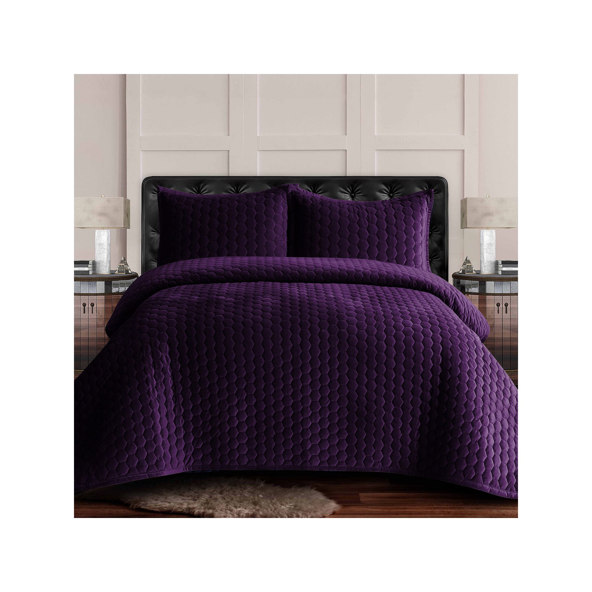 Tribeca Living Lugano Honeycomb Velvet Oversized Quilt Set, Purple