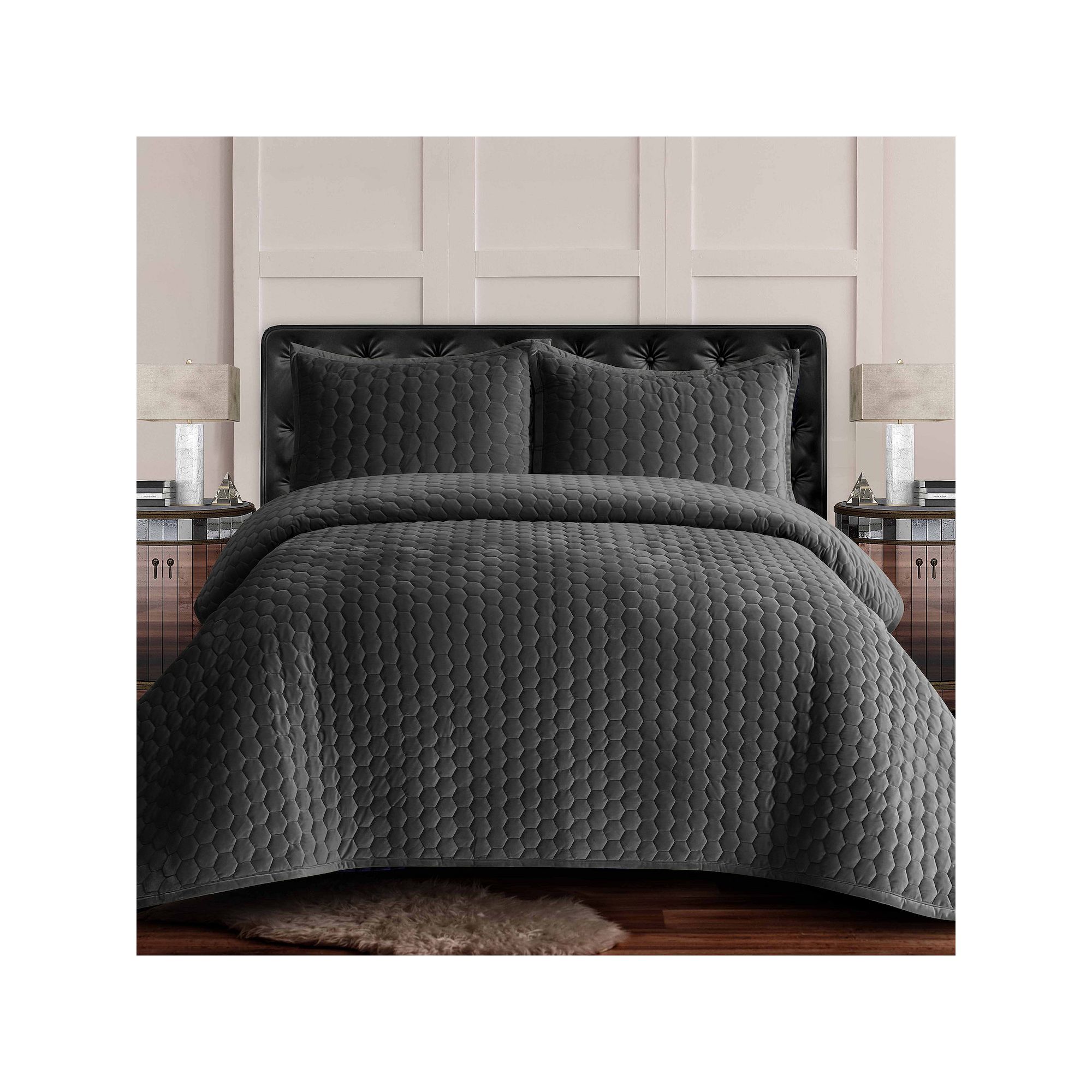 Tribeca Living Lugano Honeycomb Velvet Oversized Quilt Set, Grey Gray