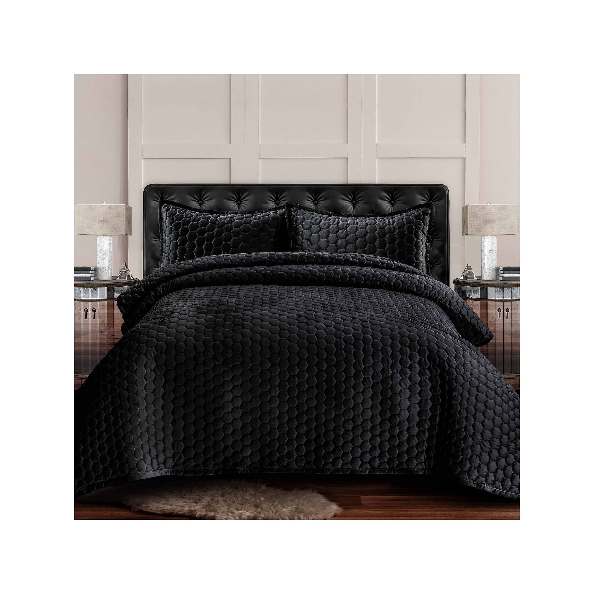 Tribeca Living Lugano Honeycomb Velvet Oversized Quilt Set, Silver Gray