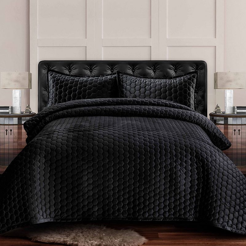 Tribeca Living Lugano Honeycomb Velvet Oversized Quilt Set, Grey, King