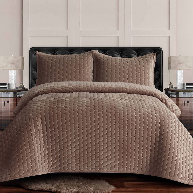 Tribeca Living King Lugano Honeycomb Velvet Oversized Quilt Bedding Set Taupe: Machine Washable, Polyester Fill, OEKO-TEX Certified