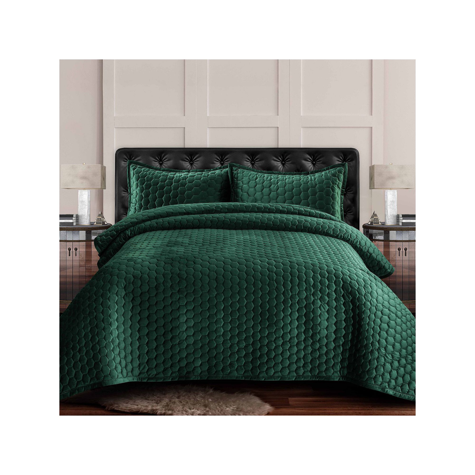 Tribeca Living Lugano Honeycomb Velvet Oversized Quilt Set, Blue