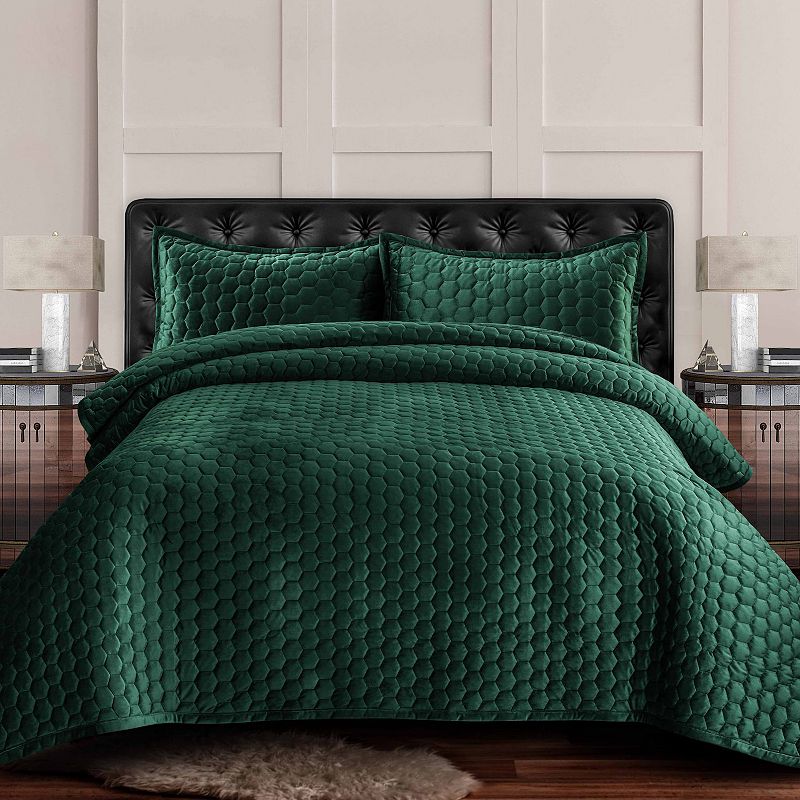 Tribeca Living Lugano Honeycomb Velvet Oversized Quilt Set, Green, Twin