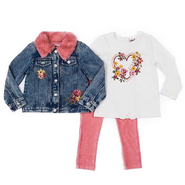 Baby Girl Little Lass Embellished Denim Jacket & Floral Dress Set