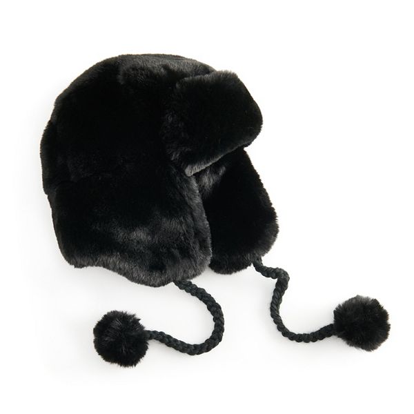 Women's Black Taslon Faux Fur Trapper Hat