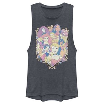Juniors' Disney Princesses Pastel Group Shield Logo Muscle Tank Top