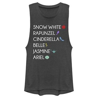 Juniors' Disney Princess Six Princesses Names & Symbols Muscle Tank Top