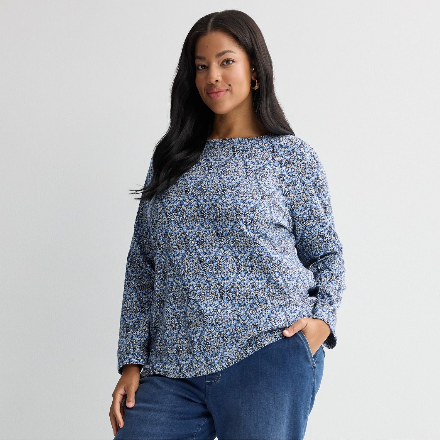 Женские футболки Plus Size Croft & Barrow® Essential Crewneck Long Sleeve, цвет: С принтом