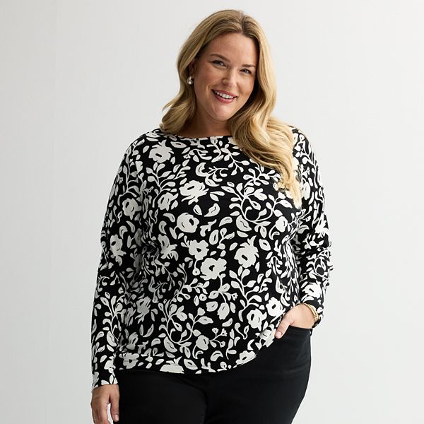Plus Size Croft & Barrow® Essential Crewneck Long Sleeve Tee - Black Chic Floral (0X)
