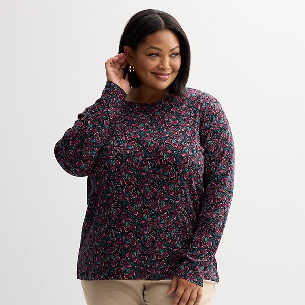 Plus Size Croft & Barrow® Essential Crewneck Long Sleeve Tee - Black Festive Paisley (0X)