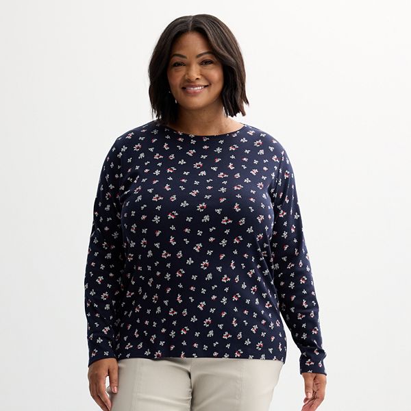 Plus Size Croft & Barrow® Essential Crewneck Long Sleeve Tee - Navy Night Cardinal (3X)
