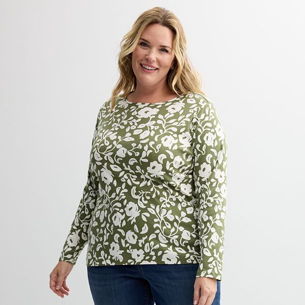 Plus Size Croft & Barrow® Essential Crewneck Long Sleeve Tee - Olive Chic Floral (5X)