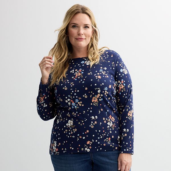 Plus Size Croft & Barrow® Essential Crewneck Long Sleeve Tee - Peach Open Garden (0X)