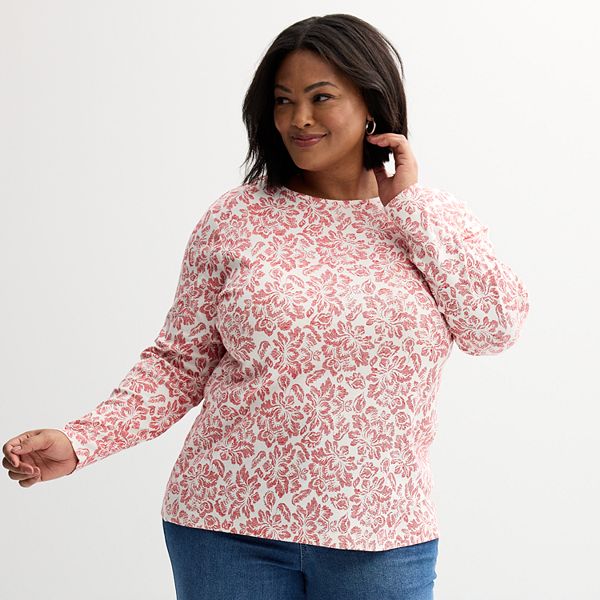 Plus Size Croft & Barrow® Essential Crewneck Long Sleeve Tee - Red Cream Damask (0X)