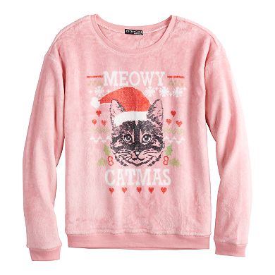 Juniors' Meowy Catmas Fuzzy Graphic Sweatshirt