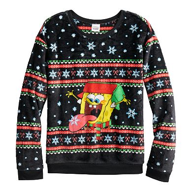 Juniors' Nickelodeon SpongeBob SquarePants SpongeBob Catching Snowflake Fuzzy Graphic Sweatshirt
