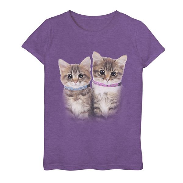 Girls 7-16 Cute Kittens Blue And Pink Collars Graphic Tee