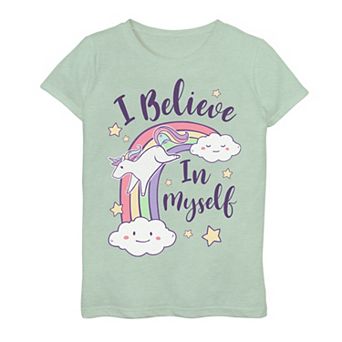 Girls 7-16 I Believe In Myself Unicorn Jumping Rainbow Cartoon Graphic Tee