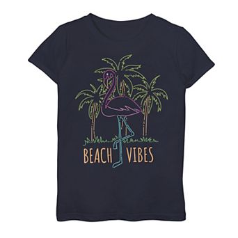 Girls 7-16 Beach Vibes Flamingo And Palm Trees Sketch Graphic Tee
