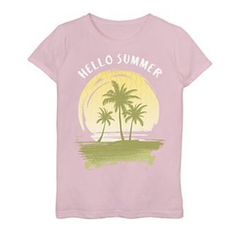 Girls 7-16 Hello Summer Sunset And Palm Trees Sketch Graphic Tee
