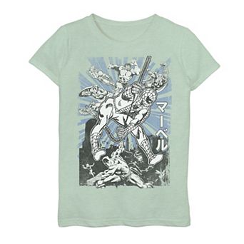 Girls 7-16 Marvel Avengers Kanji Group Shot Spider-Man Graphic Tee