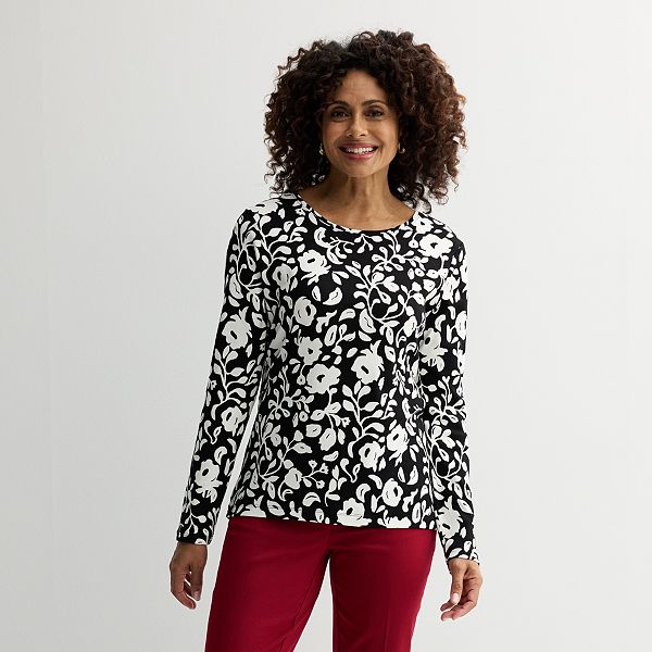 Petite Croft & Barrow® Crewneck Long-Sleeve Tee - Black Chic Floral (XS PETITE)