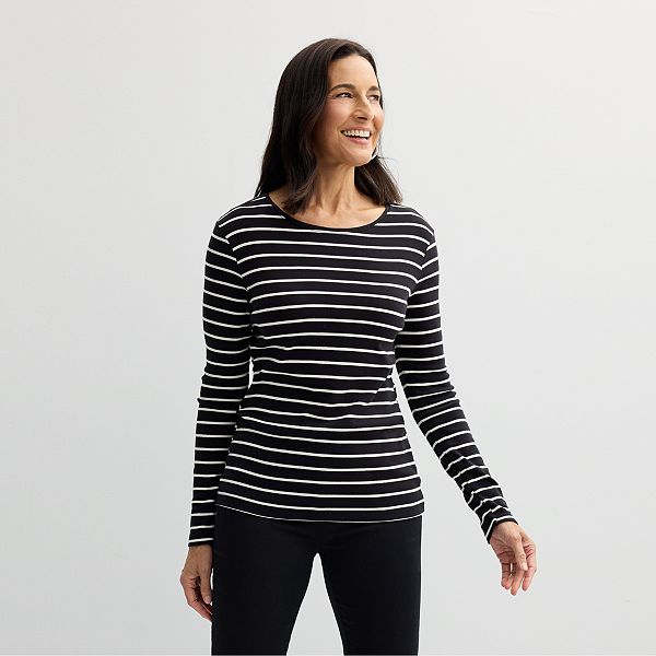 Petite Croft & Barrow® Crewneck Long-Sleeve Tee - Black Classy Stripe (XXL PETITE)