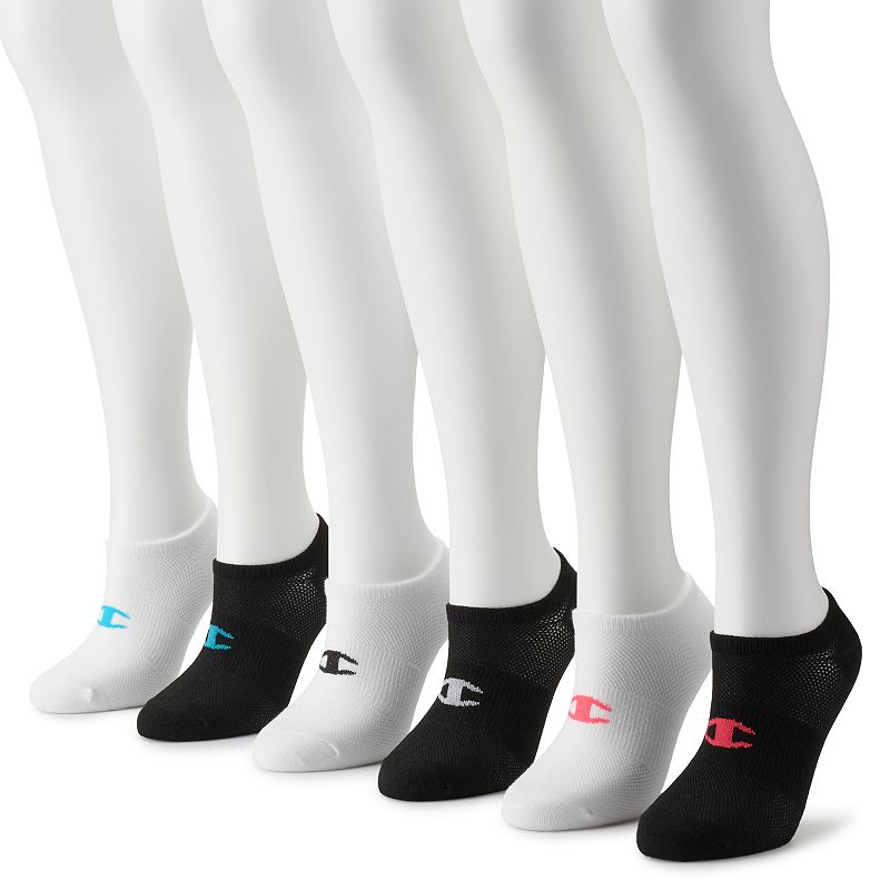 Womens Champion Super No-Show Socks Black & White 6-Pack, Size: 9-11