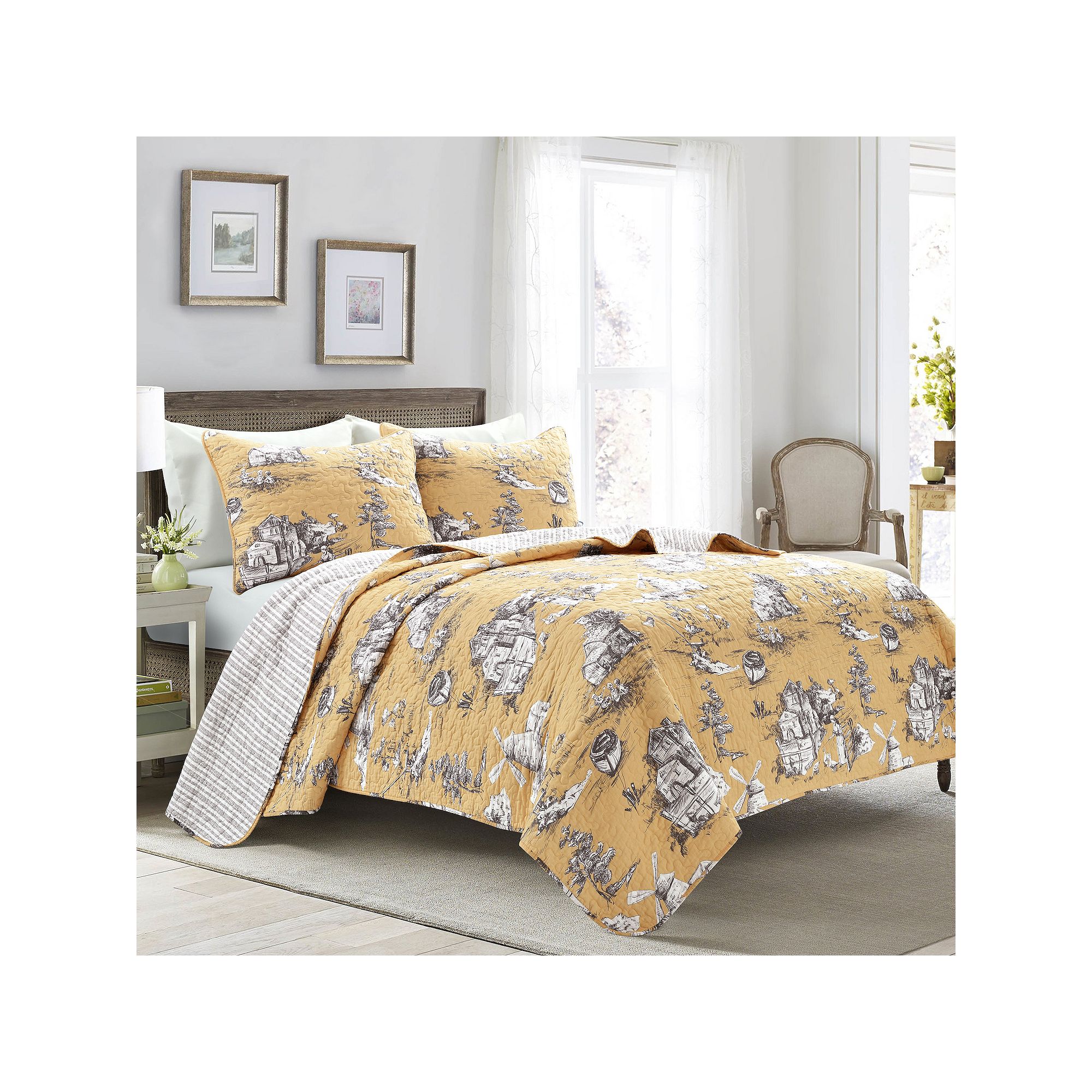 Lush Decor French Country Toile Quilt Set, Yellow Gray