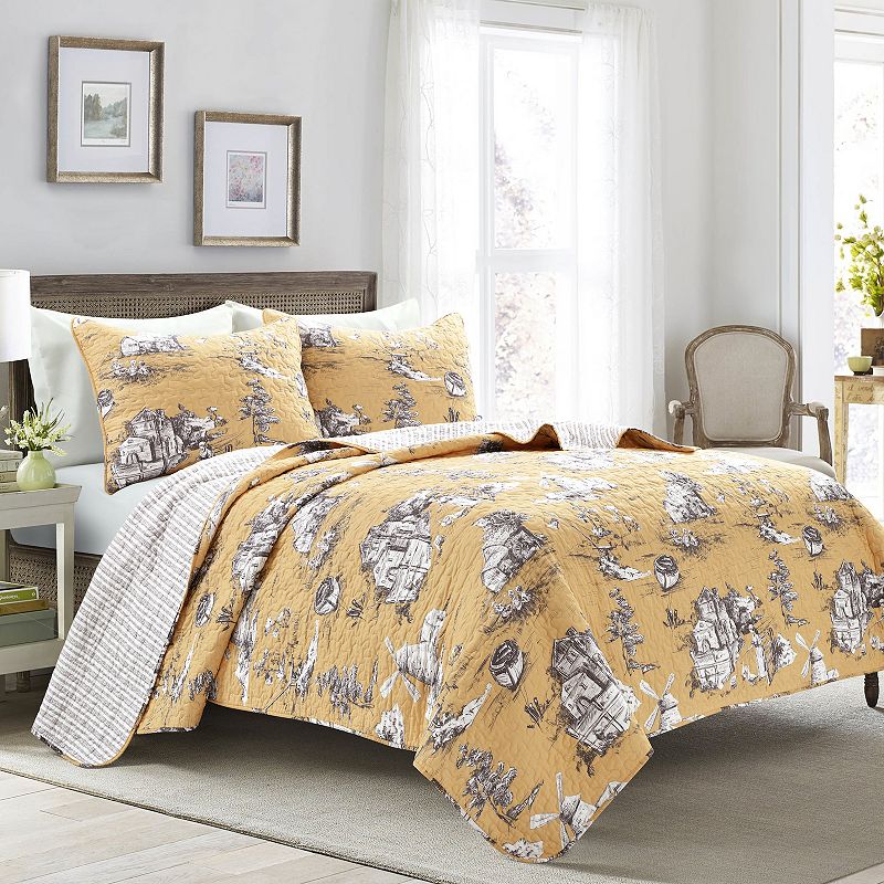 Lush Decor French Country Toile Quilt Set, Yellow, King