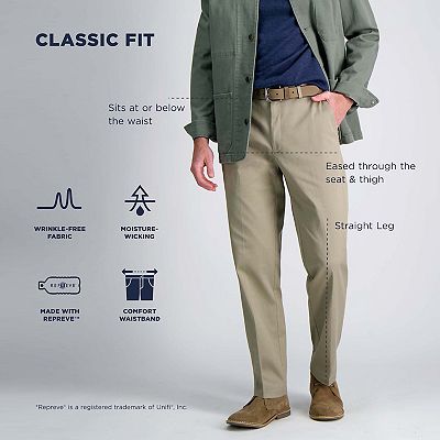 Men's Haggar Wrinkle Free Performance Comfort Waistband Khaki Classic Fit  Flat Front Pant