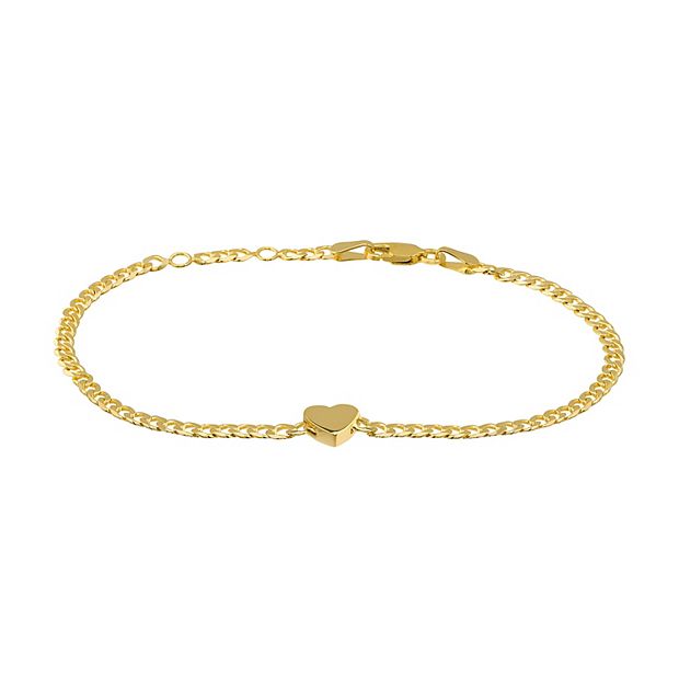 Medium Link 14k Gold Plated Adjustable Hanging Heart Charm Bracelet