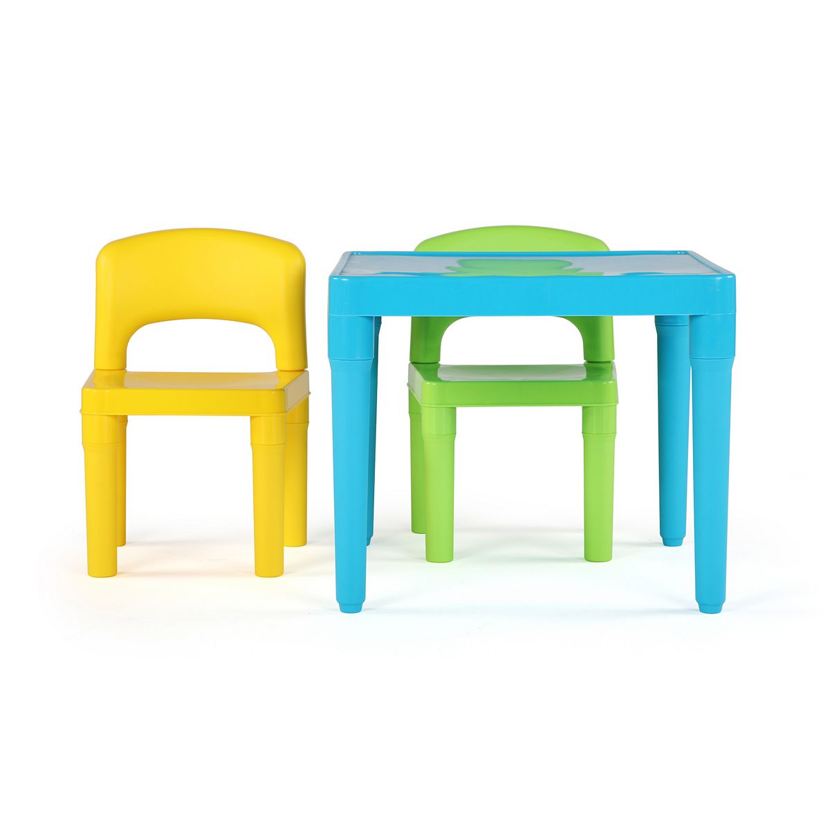 Table and two plastic chairs set in bright colors