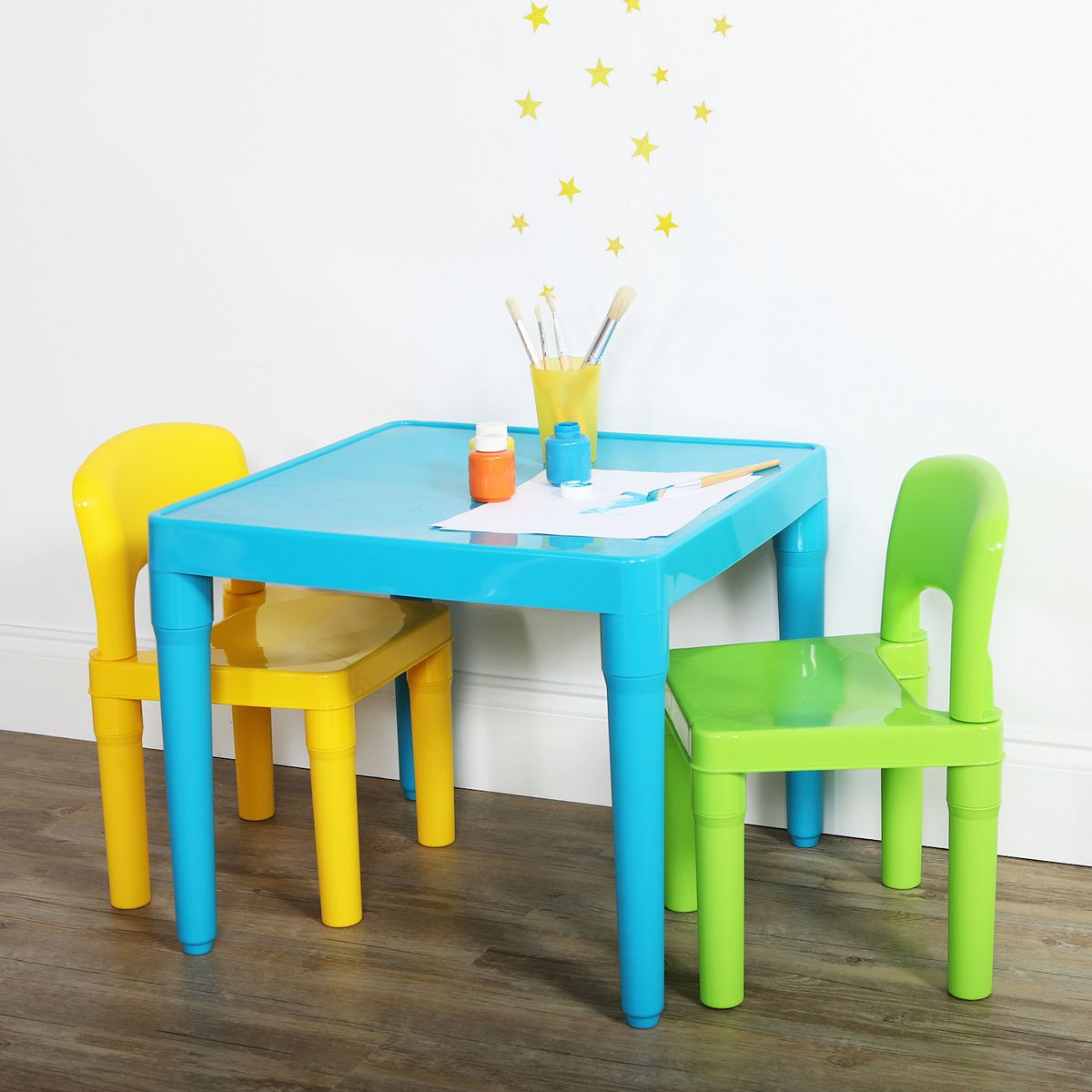 Plastic table and two chairs set with blue table and colorful chairs
