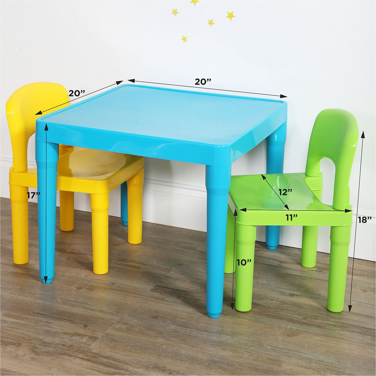 Table and two chairs set with labeled dimensions