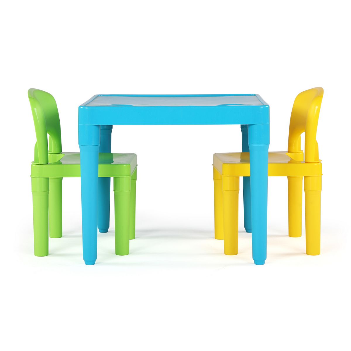 Plastic table and two chairs set with blue table and colorful chairs