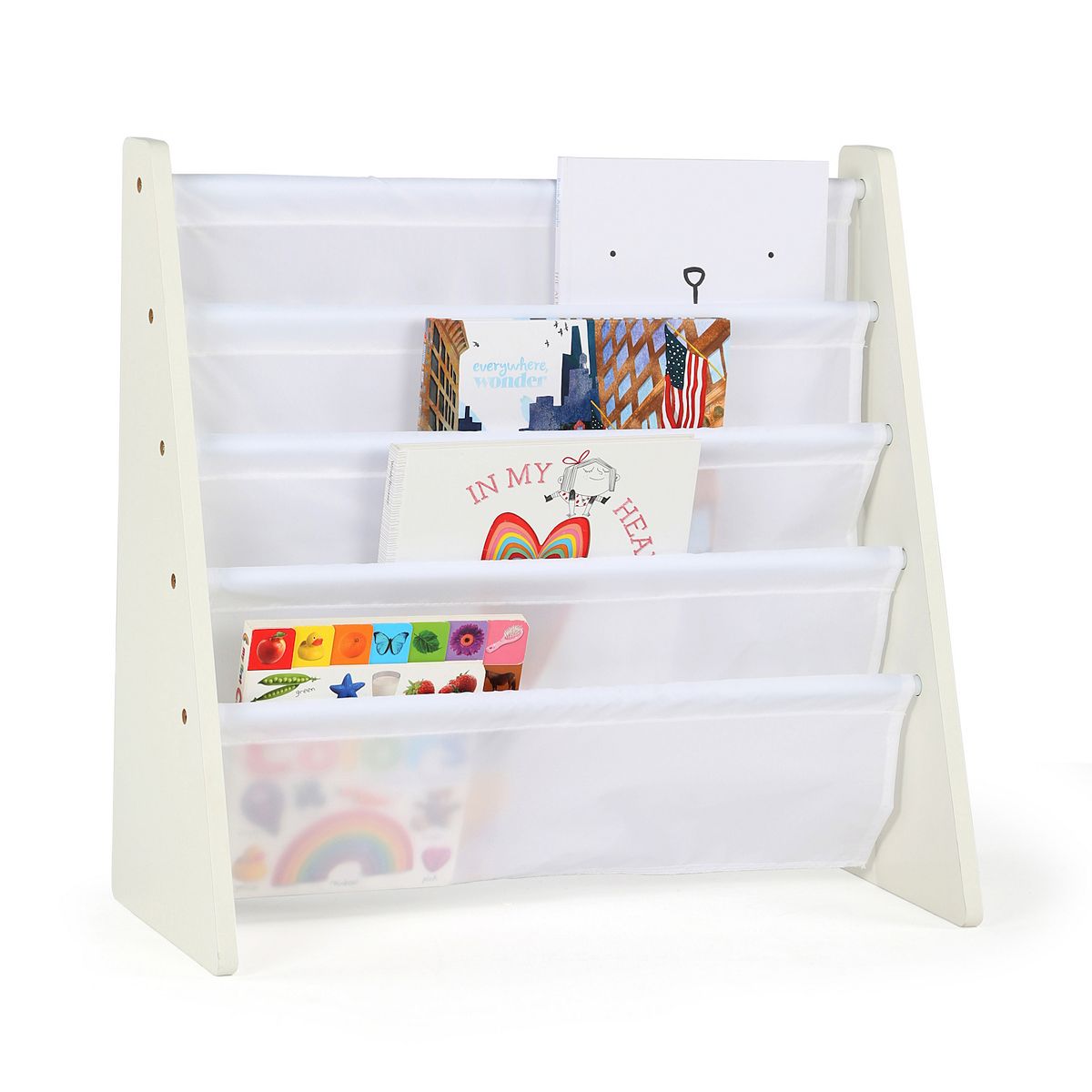 White 4-pocket wood book rack filled with books and folders.