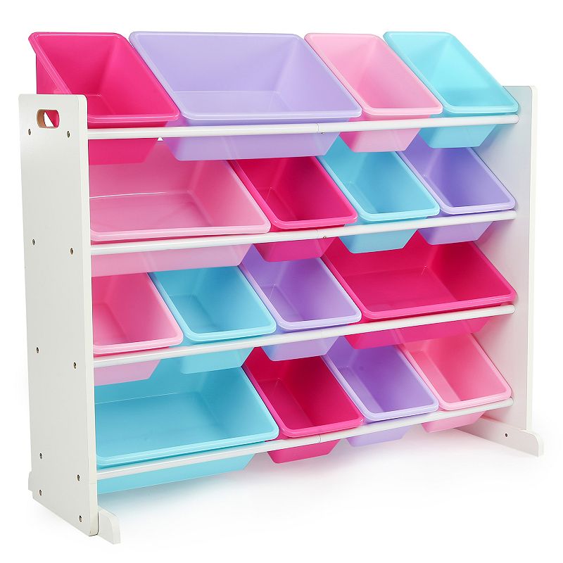 Humble Crew White/Pink Kids Toy Storage Organizer with 16 Plastic Bins