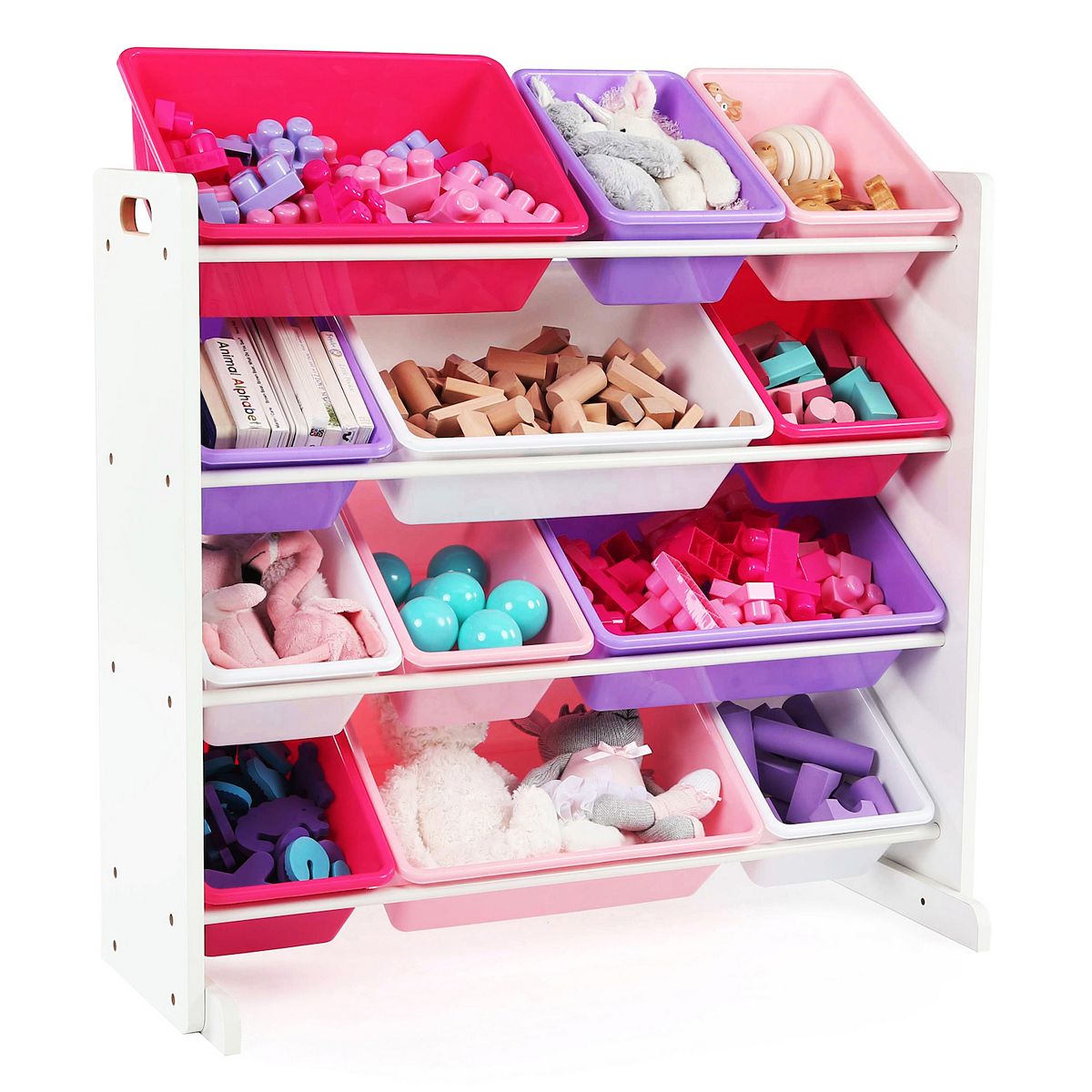 Toy organizer filled with toys in colorful bins