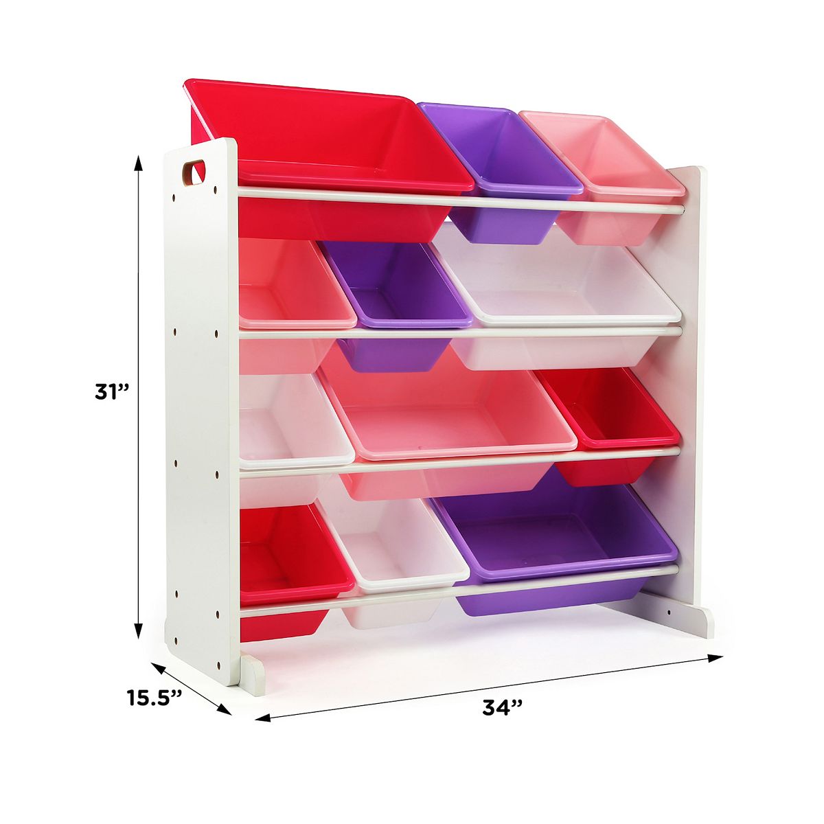 Toy organizer dimensions shown on a colorful storage unit