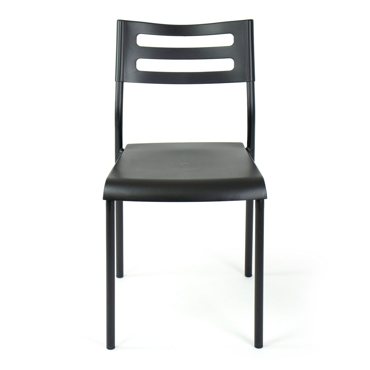 Humble Crew industrial desk chair with black frame and black upholstered seat and back