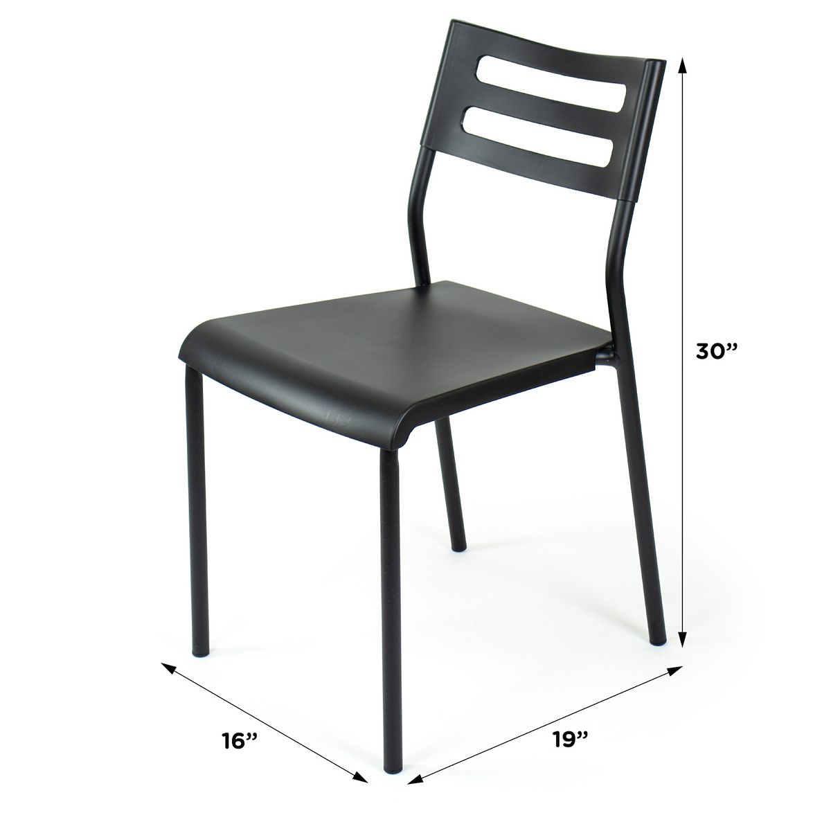 Industrial desk chair size diagram with 30" height, 16" depth, 19" width